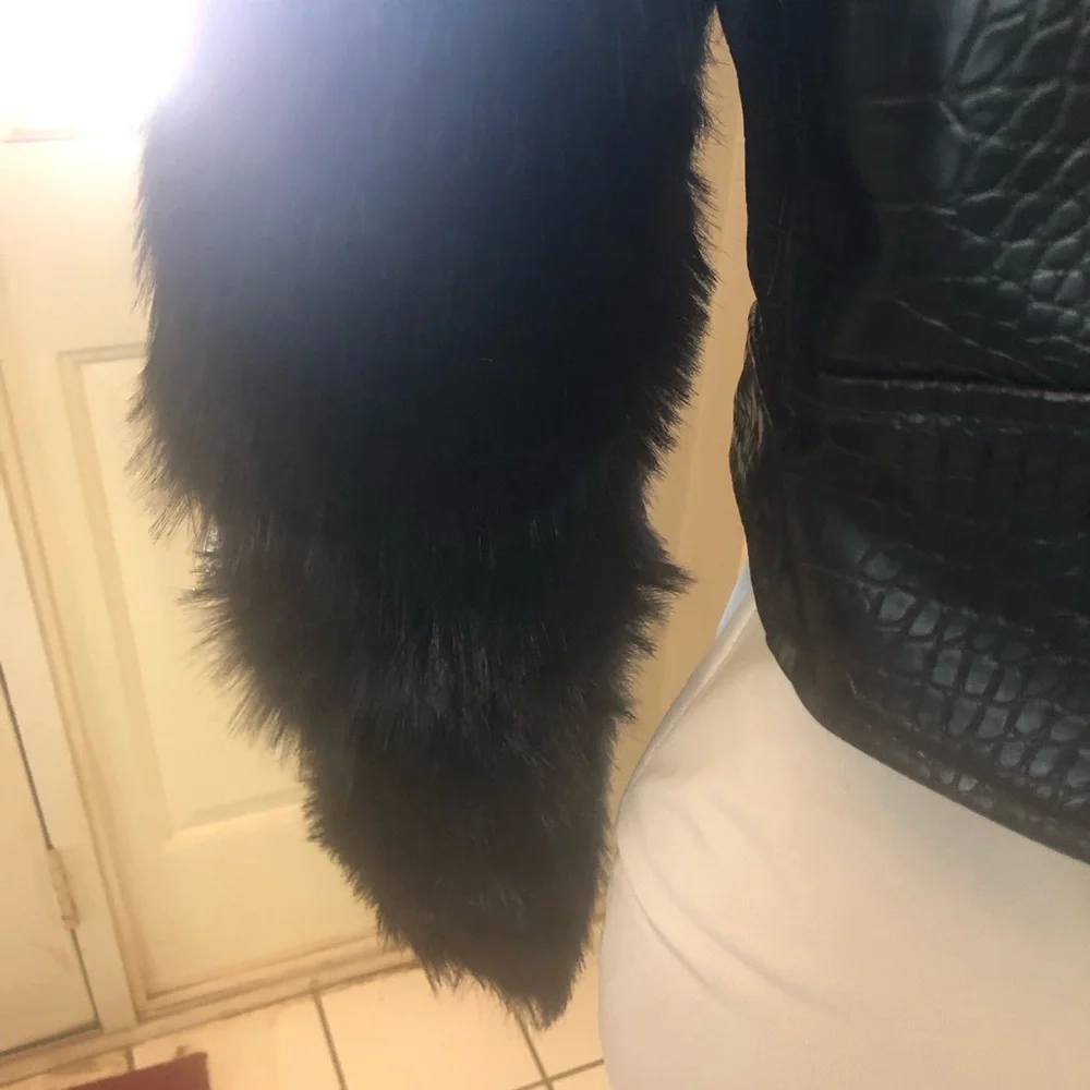 Black Croc-Embossed Faux Leather Moto Jacket with Faux Fur Sleeves